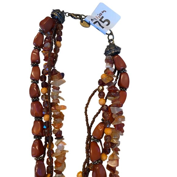 Carnelian Stone Multi-Strand Necklace With Ornate Cross Pendant & Metal Accents - Picture 3 of 8